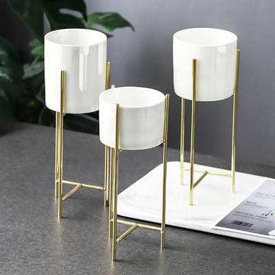 1 Set Flower Pot Stylish Iron Frame Flower Stand Elegant Ceramic Flowerpot for Home Office Room Decoration