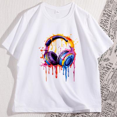 Watercolor Headphones Printed Tshirt Short Sleeve Crew Neck T Shirt Streetwear Casual Graphic Tees Men Women Clothing Loose Top