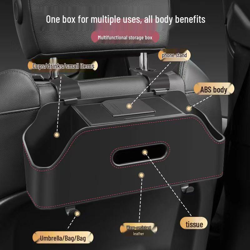 

Multifunctional Car Seat Back Organizer with Hooks, Cup Holder, and Tissue Box. Leather Hook Black