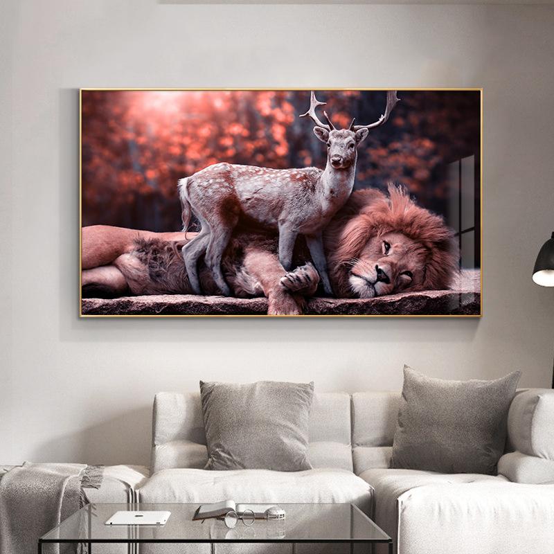 Docile Lion and Deer On the Canvas Painting Modern Animals Posters Prints Wall Art Pictures for Living Room Decoration Cuadros