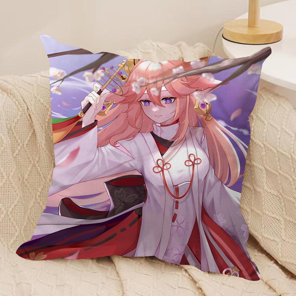 Yae Miko Genshin Impact Cushion Cover Silky Short Plush Invisible Zipper Dustproof Sofa Pillow Case For Home Decor