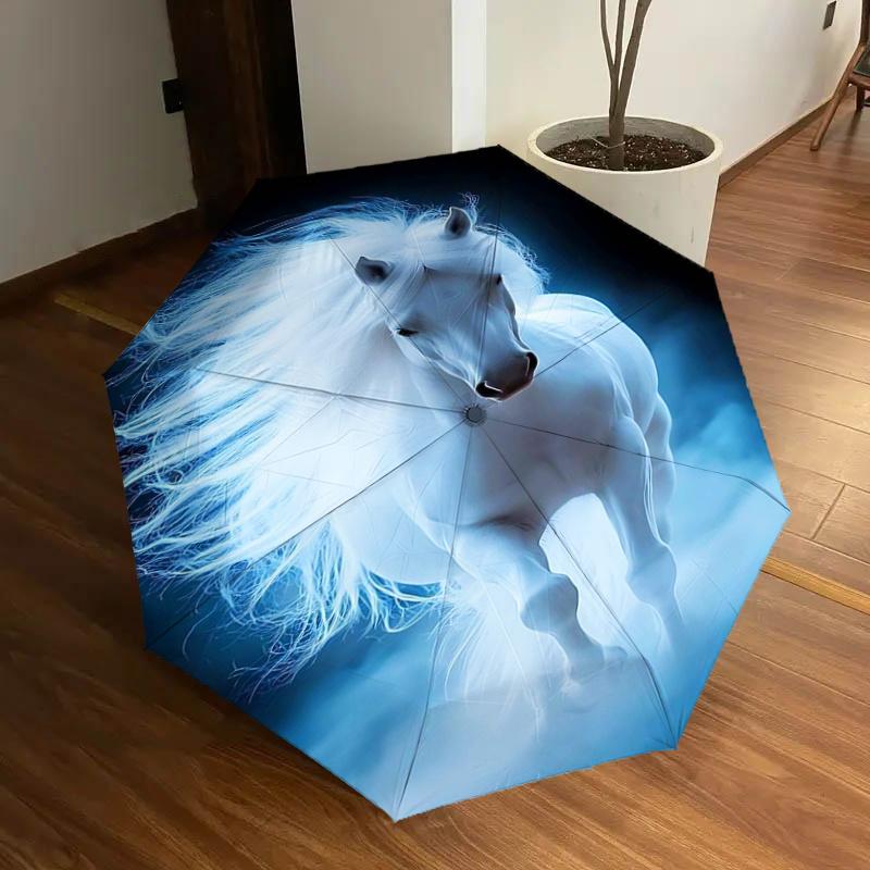 

White Horse Fantasy: Automatic Opening/Closing Umbrella with Foldable Design, Ideal for Fans, Travelers, Daily Use, and Festive Gifts!112520