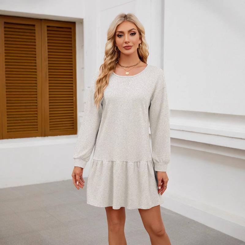 Popular Women's Clothing with Crossed Round Neckline Long Sleeved Casual Hoodie Dress