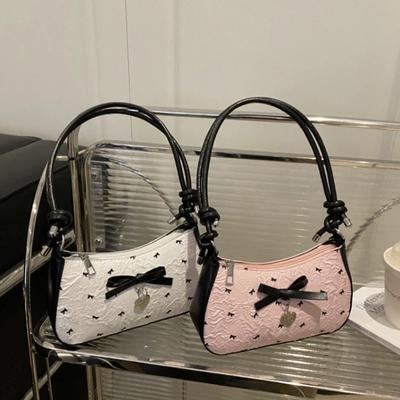 Y2k Pink Bow Armpit Bag for Women, New Fashiable and Versatile Texture Light Luxury Single Shoulder Small Square Bags