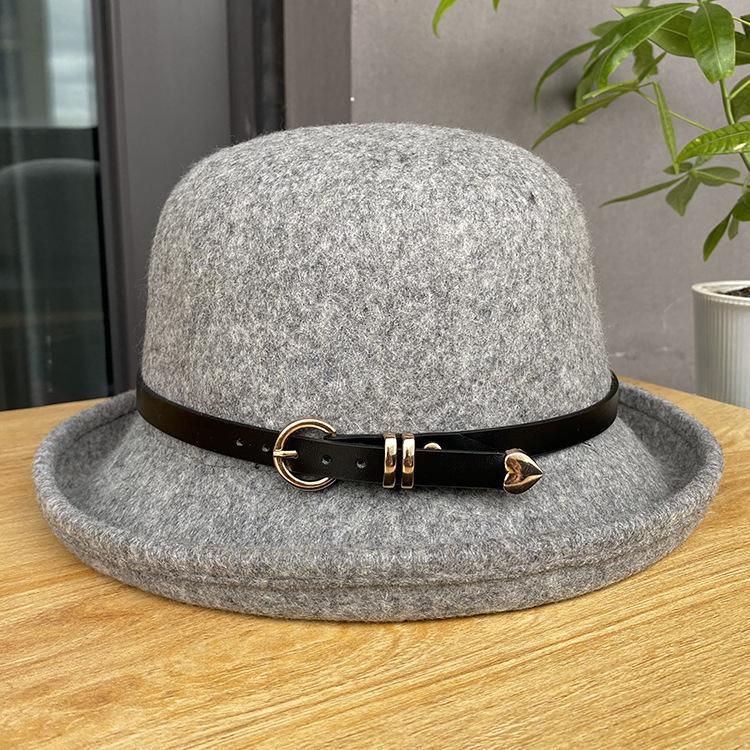 New wool hemming belt buckle dome bucket hat women's autumn and winter versatile British top hat tide