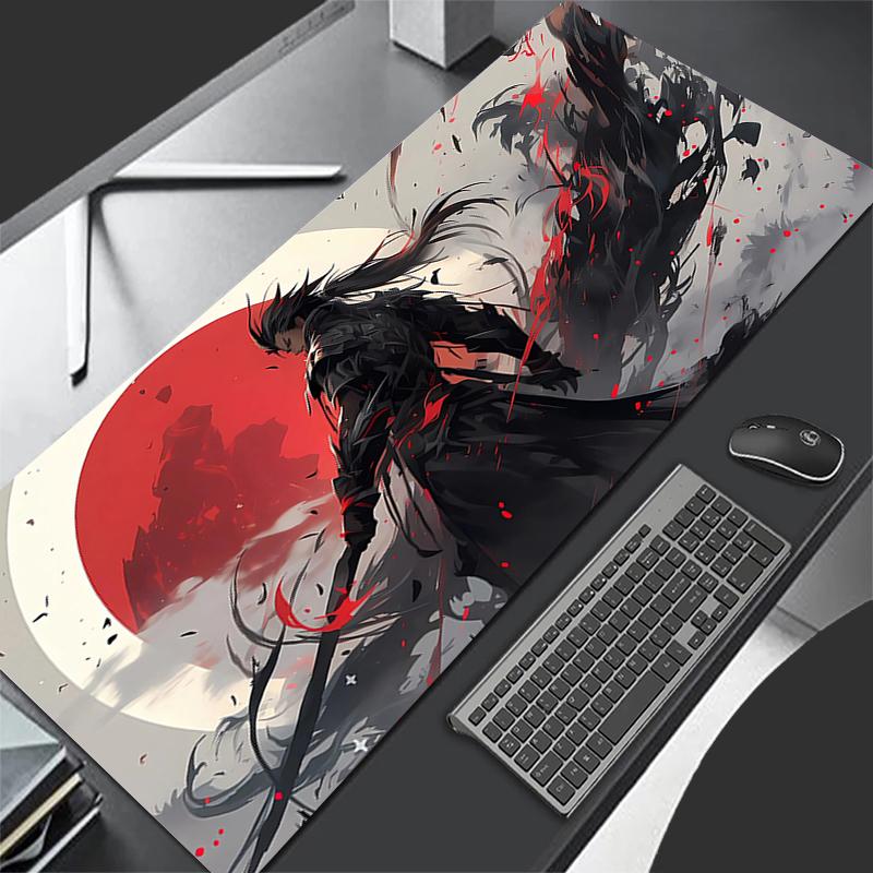 Mond Samurai Wolf Mauspads PC Cool Roter Anime Junge Tastaturteppich Gamer Schrank Mauspads Laptop Schwarz und Weiß Erweiterte Schreibtischmatte