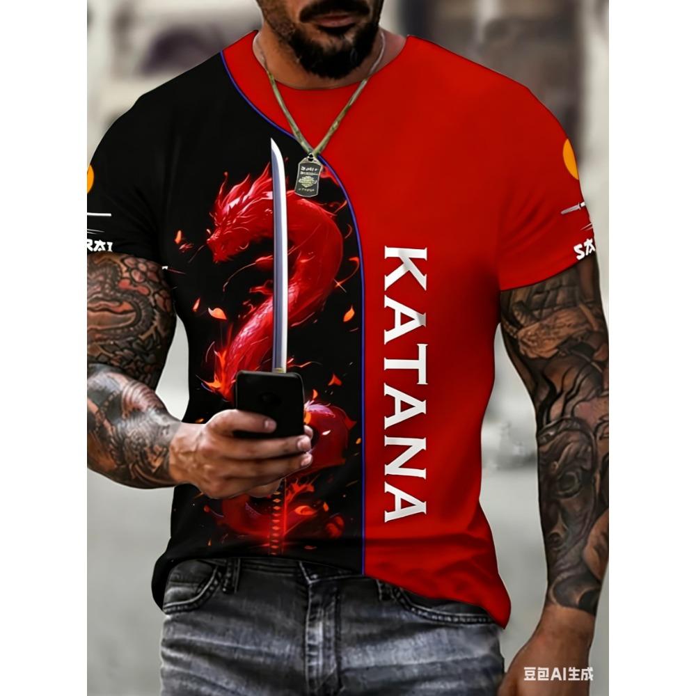Men's Japanese samurai sword cherry blossom print T-shirt