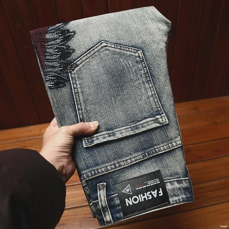 Men's Trendy Elastic Slim Fit Ripped Embroidered Jeans for Spring and Autumn High-Street Style