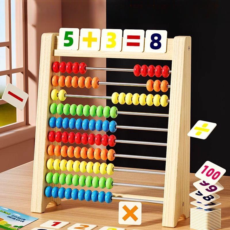 Classic Wooden Educational Math 10-Row Counting Toy 100 Beads with Counting Sticks Number Alphabet Card Preschool Math Learning
