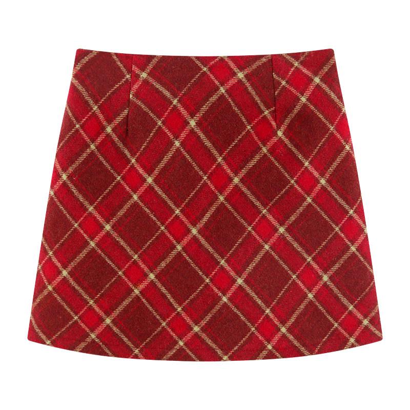 

Women s A-line Plaid Retro Red Short Skirt - Autumn/Winter Petite Wool, Hip-hugging 3XL красный