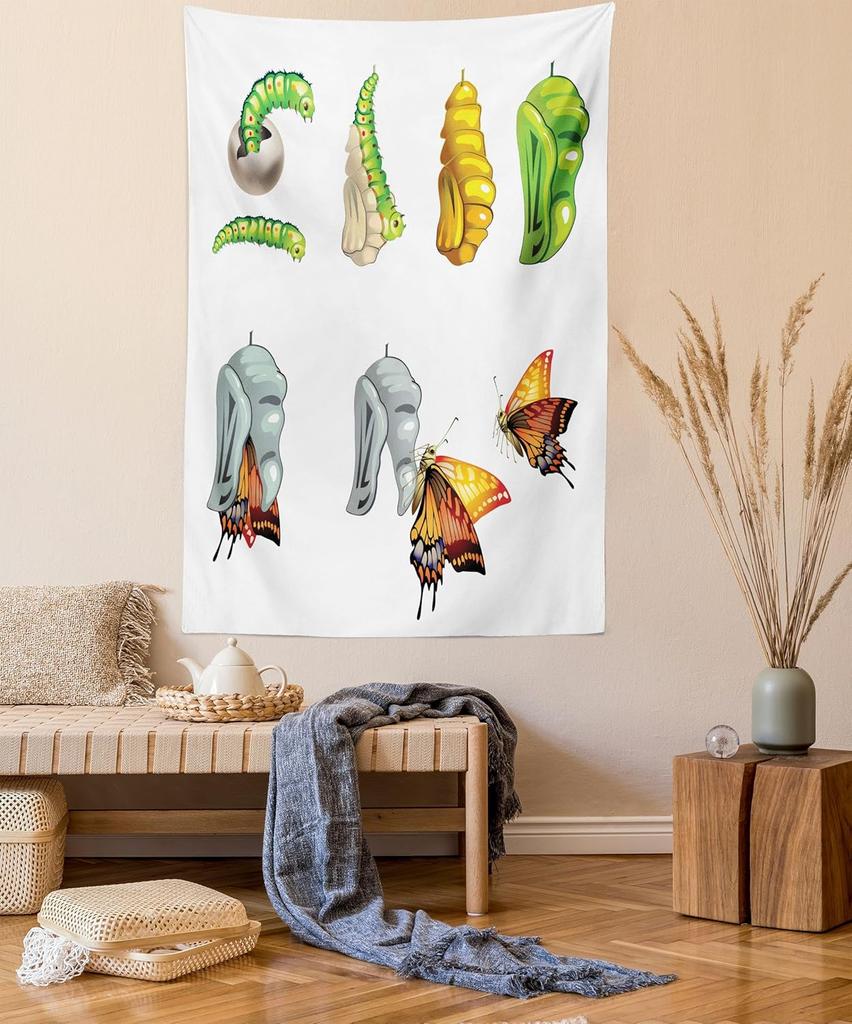 Fall Tapestry, Vibrant Misty Day in Forest Sun Rays Trees Foliage Fallen Leaves Calm View, Wide Wall Hanging for Bedroom Living