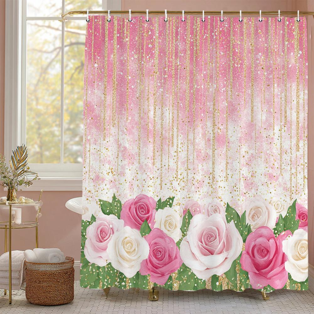 Shiny pink rose flowers Shower Curtain, Bathroom Decorative Shower Curtain, Printed Polyester fabric Shower Curtain with Hooks