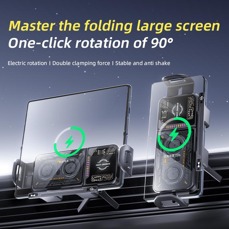 Dual Coil One-Touch Rotatable Car Phone Holder Wireless Charger for Samsung Galaxy Z Fold 7 6 5 4 Z Flip S25 S24 S23 S22 iPhone