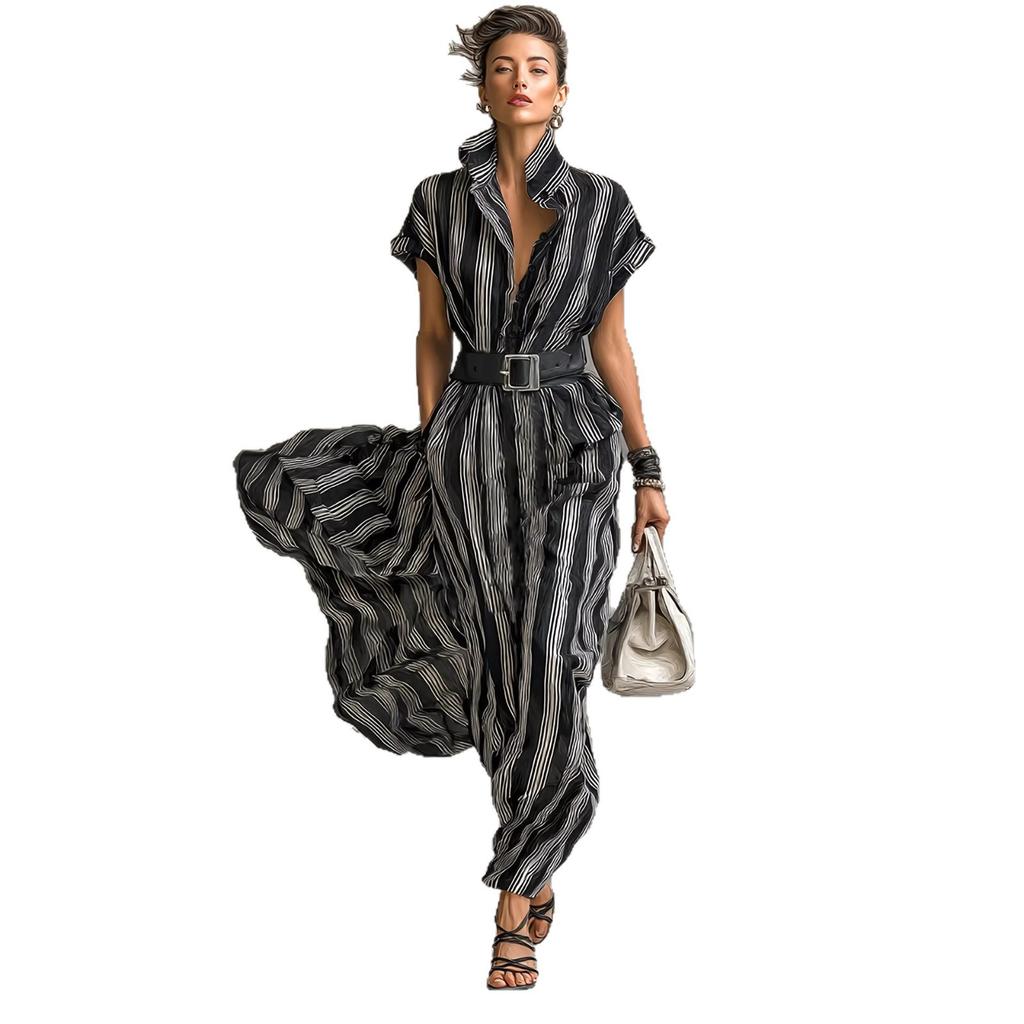 2026 European and American Cross-border Temu Amazon Independent Station Temperament Professional Women's Clothing Short-sleeved Striped Shirt Dress