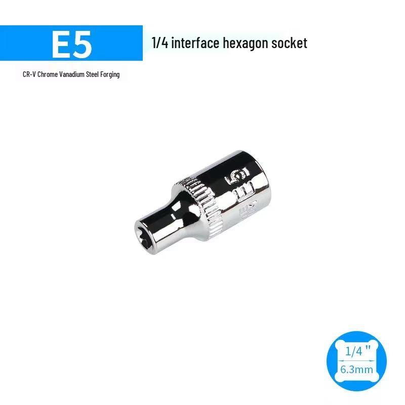 Metric 6-Point Flower-Shaped E-Type Socket Set: 1/2 Large, 3/8 Medium, 1/4 Small, Star Type.