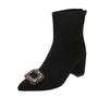 Fashion Suede Rear Zip Block Heel Single Boots Fall New Pointed Toe Rhinestone Square Buckle Non-Slip Wear-Resistant Short Shoe