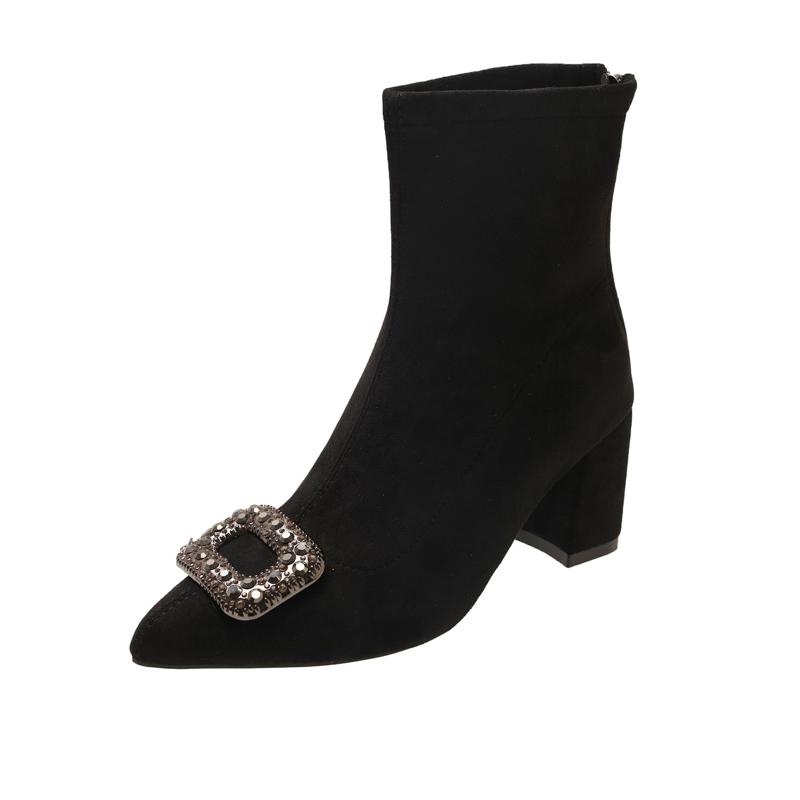 Fashion Suede Rear Zip Block Heel Single Boots Fall New Pointed Toe Rhinestone Square Buckle Non-Slip Wear-Resistant Short Shoe