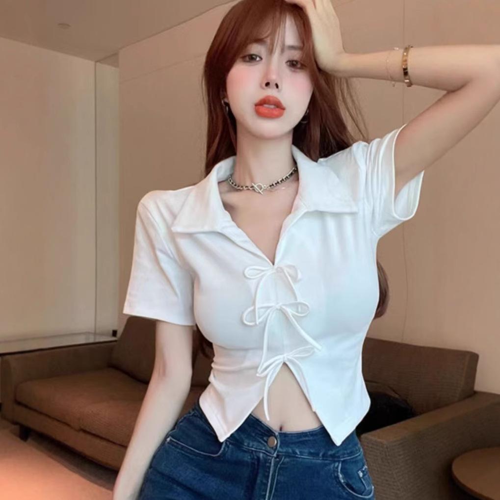 ins pure desire spice girl bow polo collar short-sleeved t-shirt women's summer design French short bottom short-sleeved top