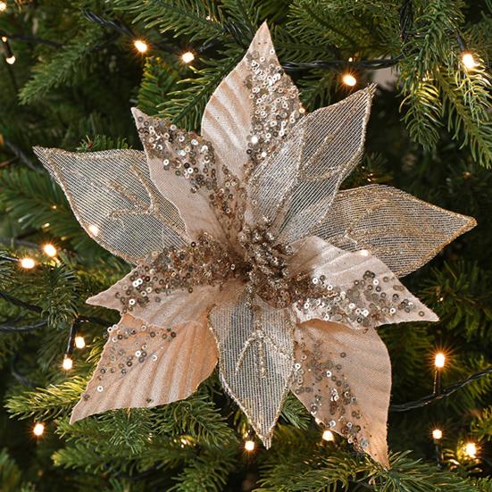 11" Christmas Artificial Flowers Glitter Sequins Poinsettia Flower Fabric Fake Flower Picks for Xmas Tree Ornament Wedding Birthday Wreath Decoration