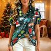Damen V-Ausschnitt Weihnachten Print Kurzarm Knopfleiste Bluse mit Rüschenbesatz