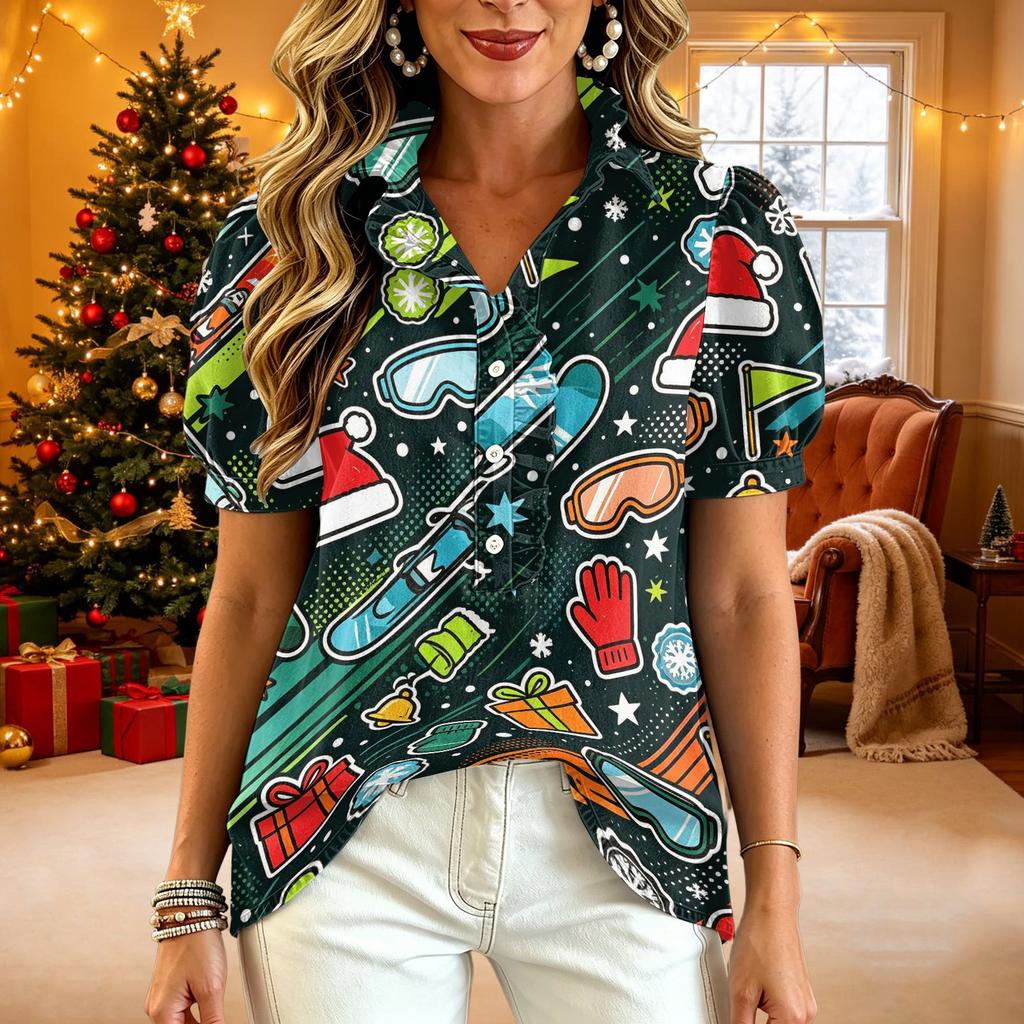 Damen V-Ausschnitt Weihnachten Print Kurzarm Knopfleiste Bluse mit Rüschenbesatz