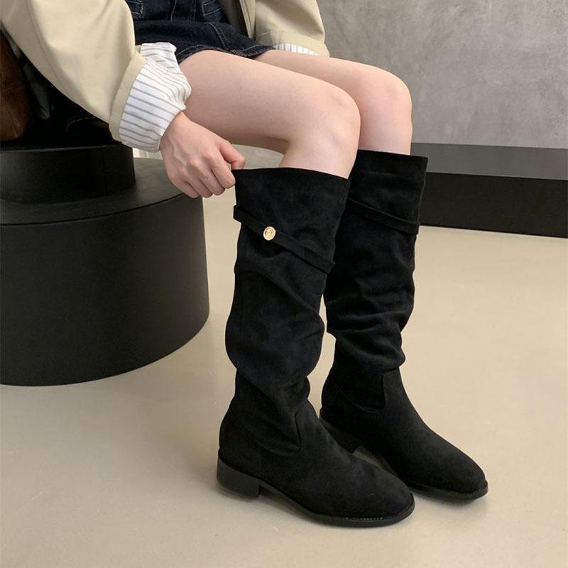 Fashion Comemore Suede Knight Boots Women 2025 New Autumn Retro Pleated Fashion Chunky Heeled Shoes for Women Solid Long Botas Femininas