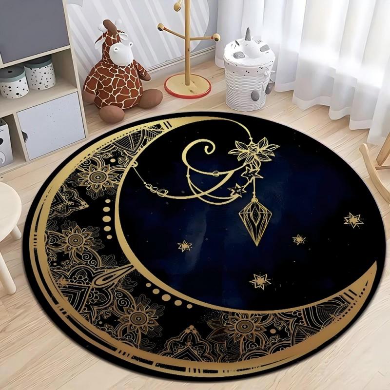 Crystal Velvet Astrology Moon Stars Round Rug, Celestial Print Non Slip Washable Floor Mat for Living Room, Bedroom, Home Decor