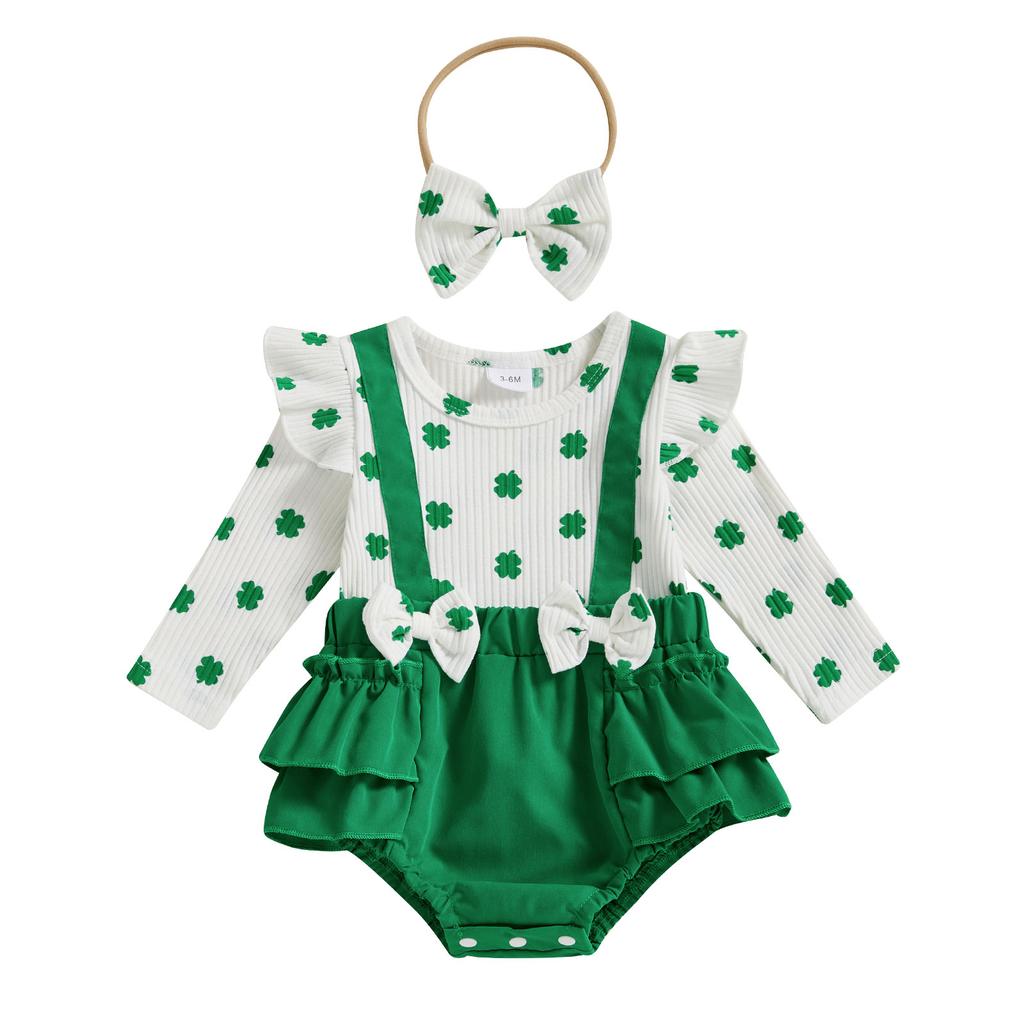 Baby Girls 2Pcs Spring Outfits Ruffle Long Sleeve Bow Front Romper with Headband Set Newborn Clothes