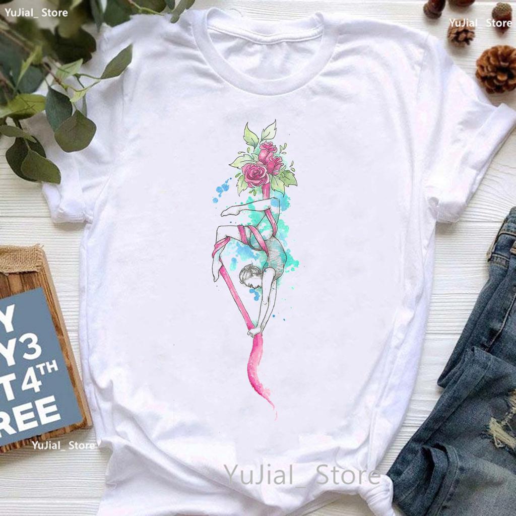 Rainbow Ballet Dancer Print T Shirt Girls Gymnast Lover Tshirt Unisex Watercolor Flowers Tshirt Femme Summer Short Sleeve Tops