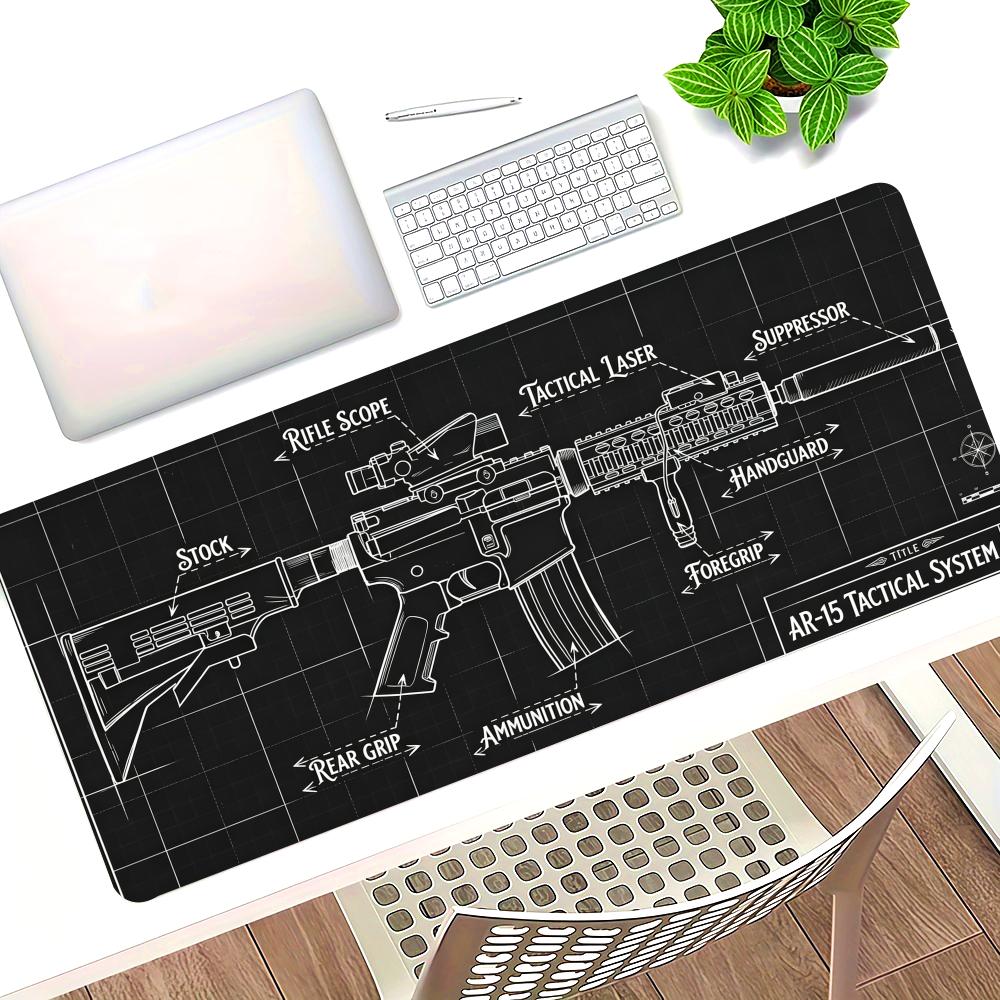 HYBXAXC Tactical Blueprint Gaming Desk Mat Mouse Pad Gun Schematic Deskpad NonSlip Cute Extended Gaming Keyboard Mats Gamer