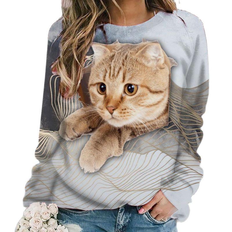 Autumn High Quality Women's Round Neck Long Sleeve 3D Printed Pet Cat Pattern Fashion Casual Women's Plus Size XXS-6XL