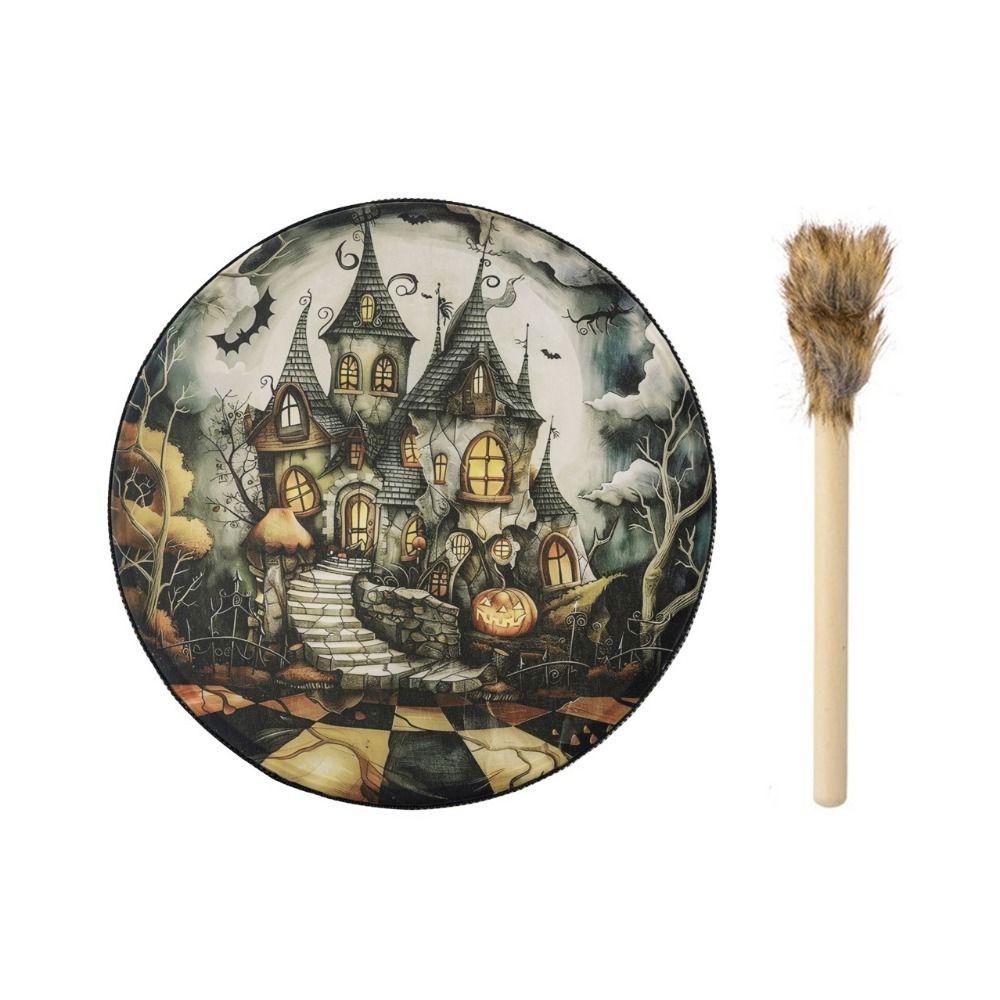 

Handmade Halloween Shaman Drum with Drum Stick Hand Drum Halloween Decorative Drums Halloween Style A