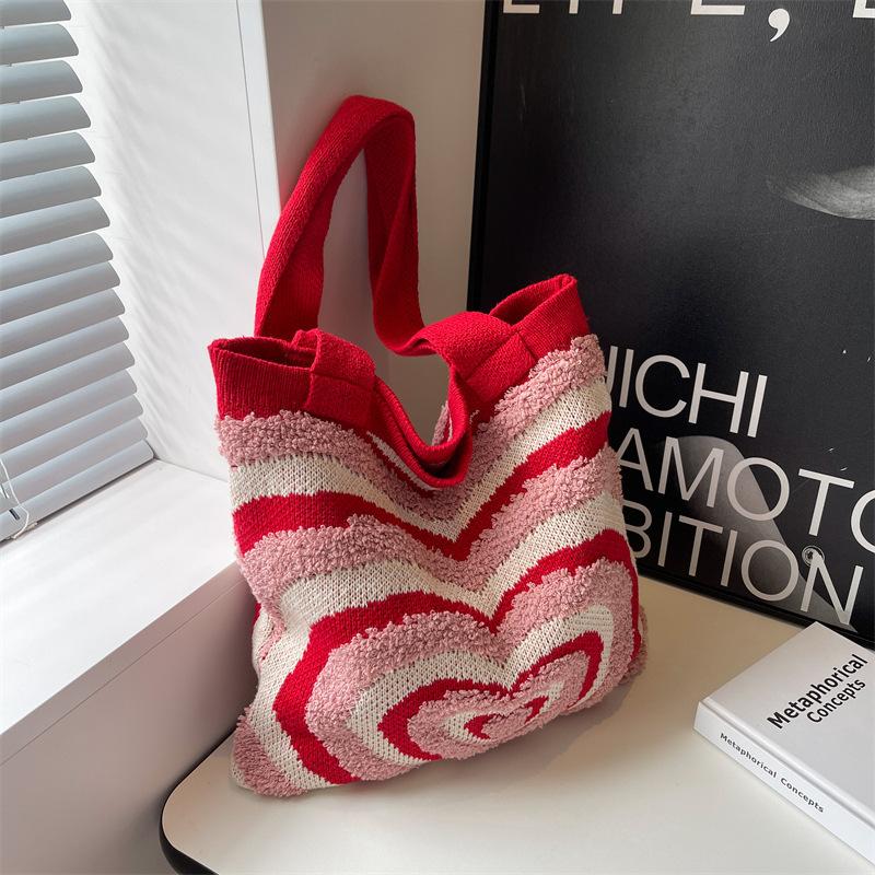 Style new women's wool bag shoulder bag love pattern open large capacity shopping bag mixed color wholesale