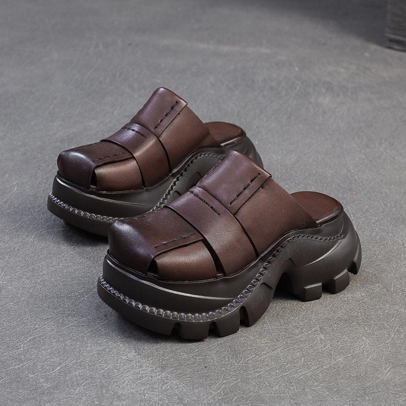 

Тапочки Johnature из натуральной кожи с толстой подошвой, увеличивающие рост, универсальные дышащие женские туфли на платформе 38 кофейный