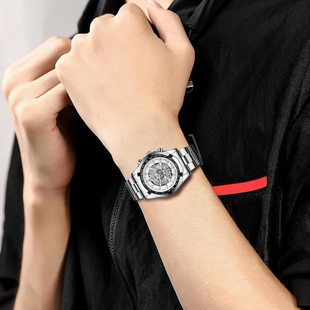 Silver Watch with 3ATM Water Luminous Analog Stainless Stylish Quartz Fashion Accessory Perfect for or As a Boyfriend Gift Men's Calendar, Resistance,