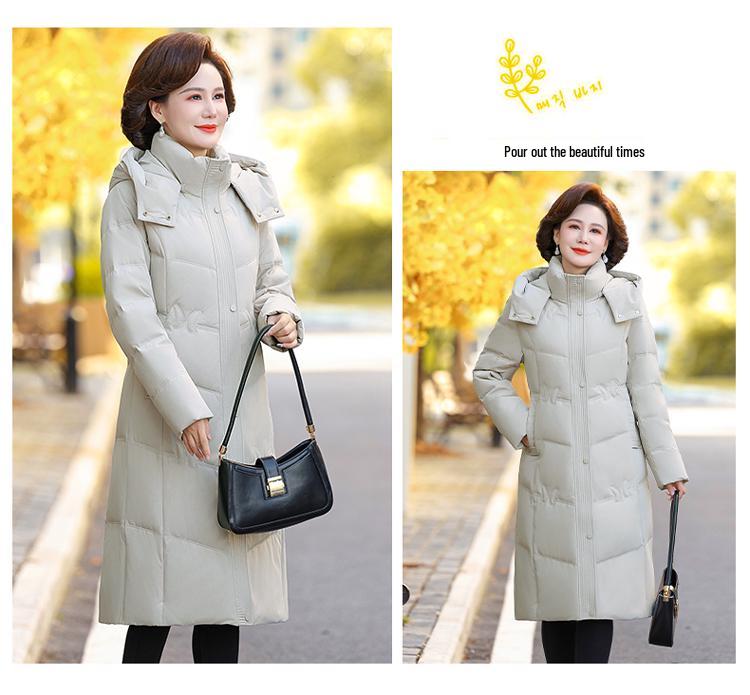 Brand Women's Long Genuine Goose Down Jacket - Super Thick Winter Coat for Middle-Aged & Elderly.