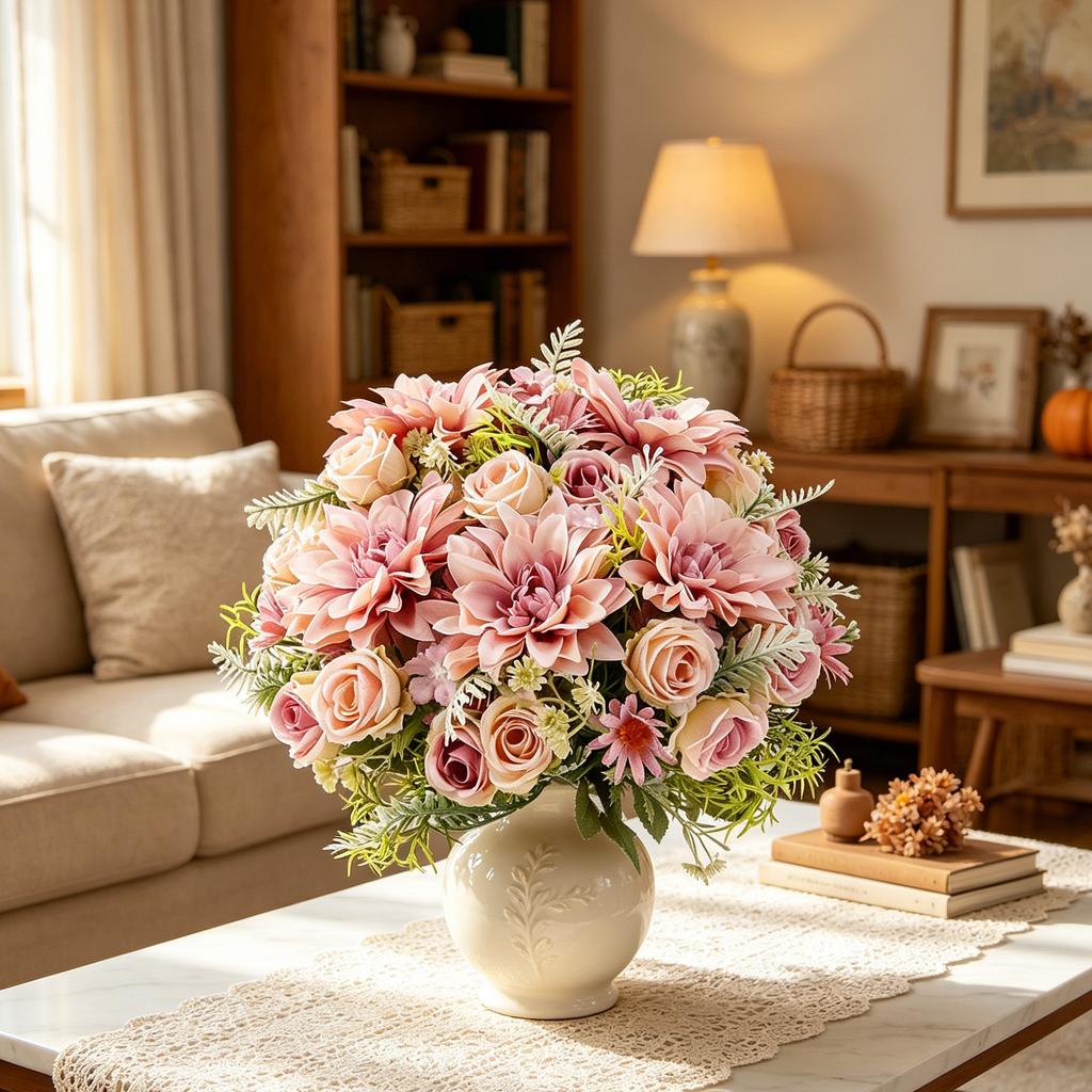 Artificial Rose Flowers Wedding Home Room TableAutumn Decora Bridal Bouquets Fake Silk Dahlia Hydrangeas Vase Outdoor Diy Gifts