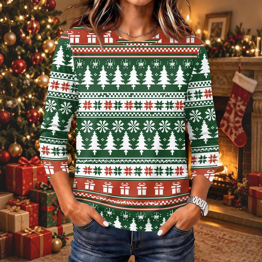 Women's Christmas Print Long Sleeve Neck Pullover Top
