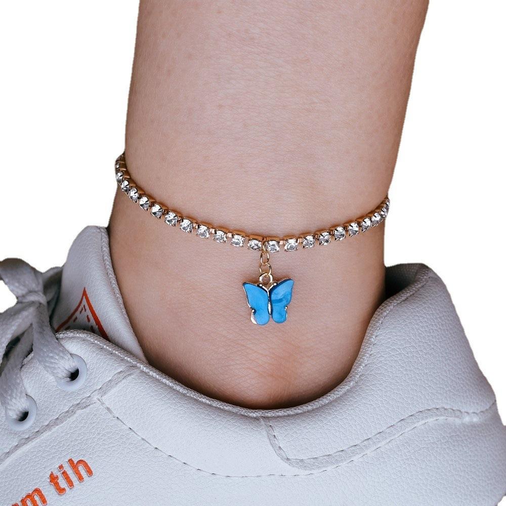 Einfacher Damen-Einreiher-Fußkettchen Strandwind Schmetterlingsanhänger Diamantenbesetztes Metall-Fußkettchen
