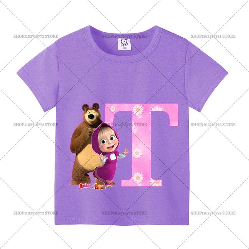 Mashas and The Bear Summer T-shirt Girl Children Tops Cute Cartoon Letters A-Z Print Clothing Short Sleeve Kids Casual Clothes