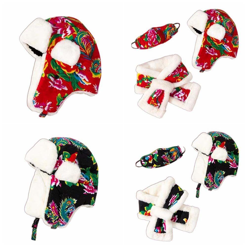 Floral Hooded Scarf Pullover Hat Bird Balaclava Bonnet Hat Plush Flower  Hat  Streetwear