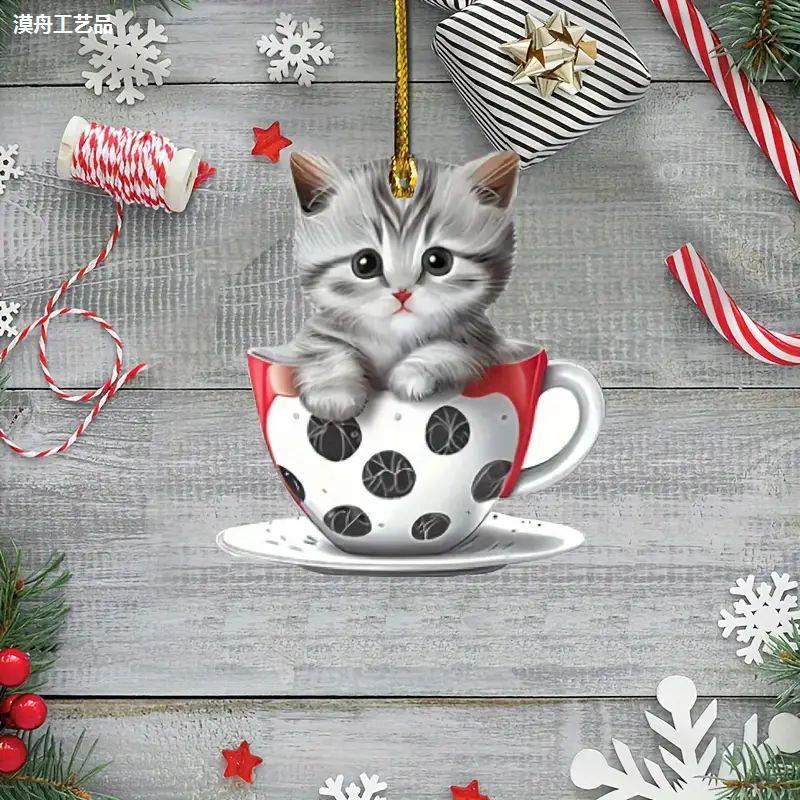New Acrylic Flat Decoration Teacup Cat Car Pendant Keychain Bag Decoration