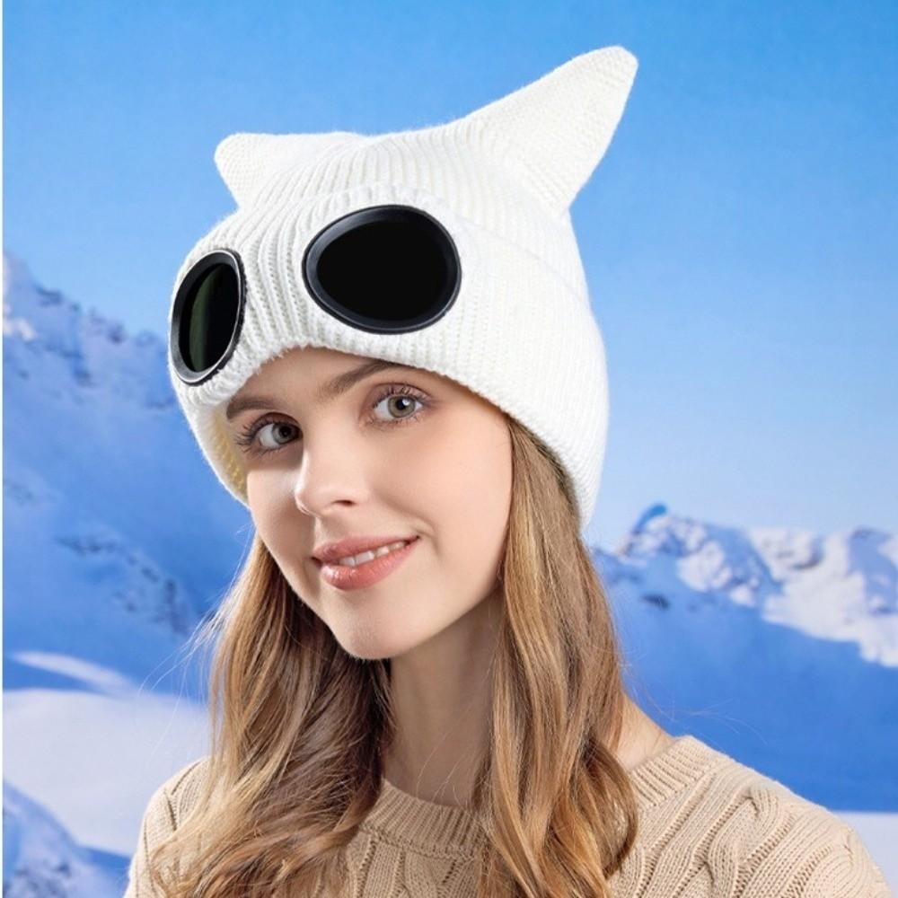 Plush Lining Winter Beanie Windproof Skullies Hat Fashion Knitted Goggles Hat for Women