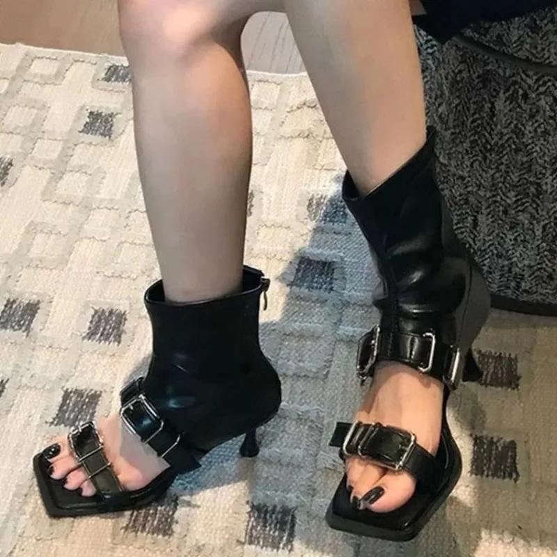Fashion Summer New Square Toe Open Toe Metal Buckle Booties Women's Cutout Fish Mouth Stiletto Non-slip Women's Sandals