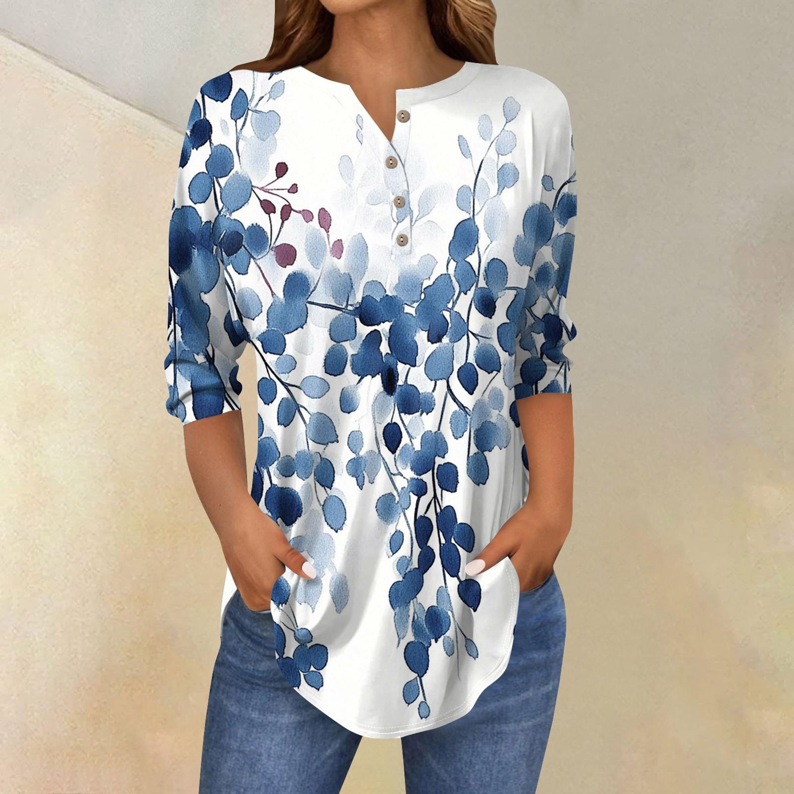

Женская свободная футболка с воротником на пуговицах и винтажным цветочным принтом, рукав три четверти XL