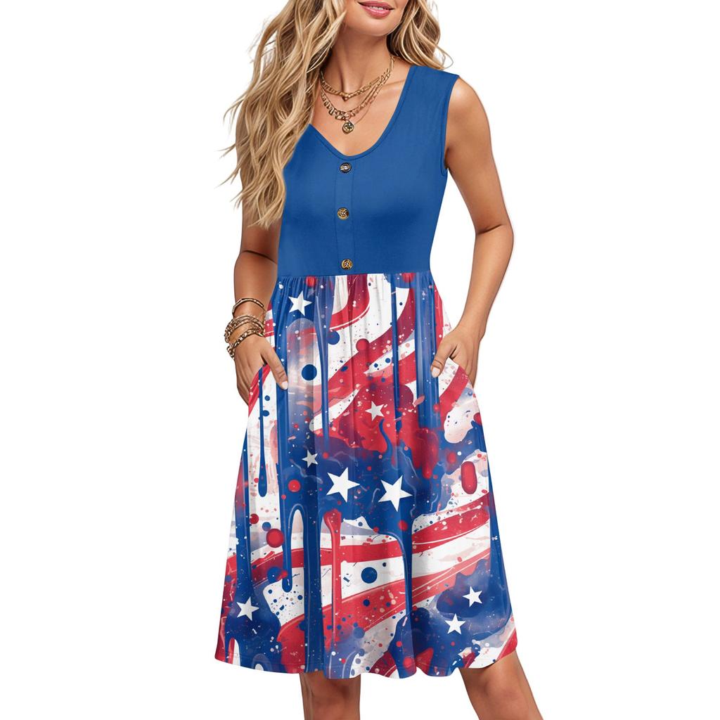 Damen Sommerkleider Ärmellos Lässig Locker Schwingend Knopfleiste Midi Sonnenkleid mit Taschen