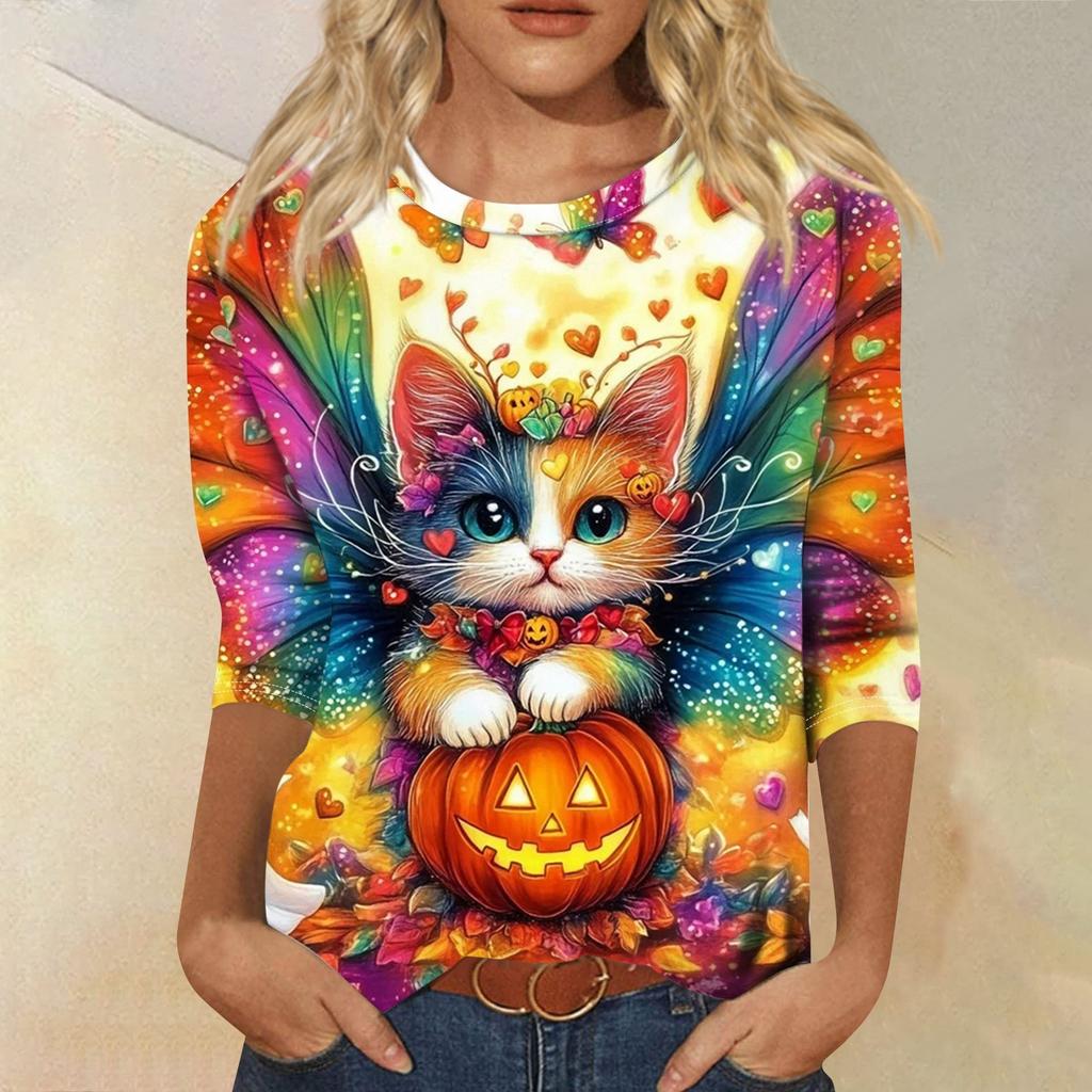 Dámské módní ležérní top s tříčtvrtečním rukávem a halloweenským potiskem, kulatý výstřih