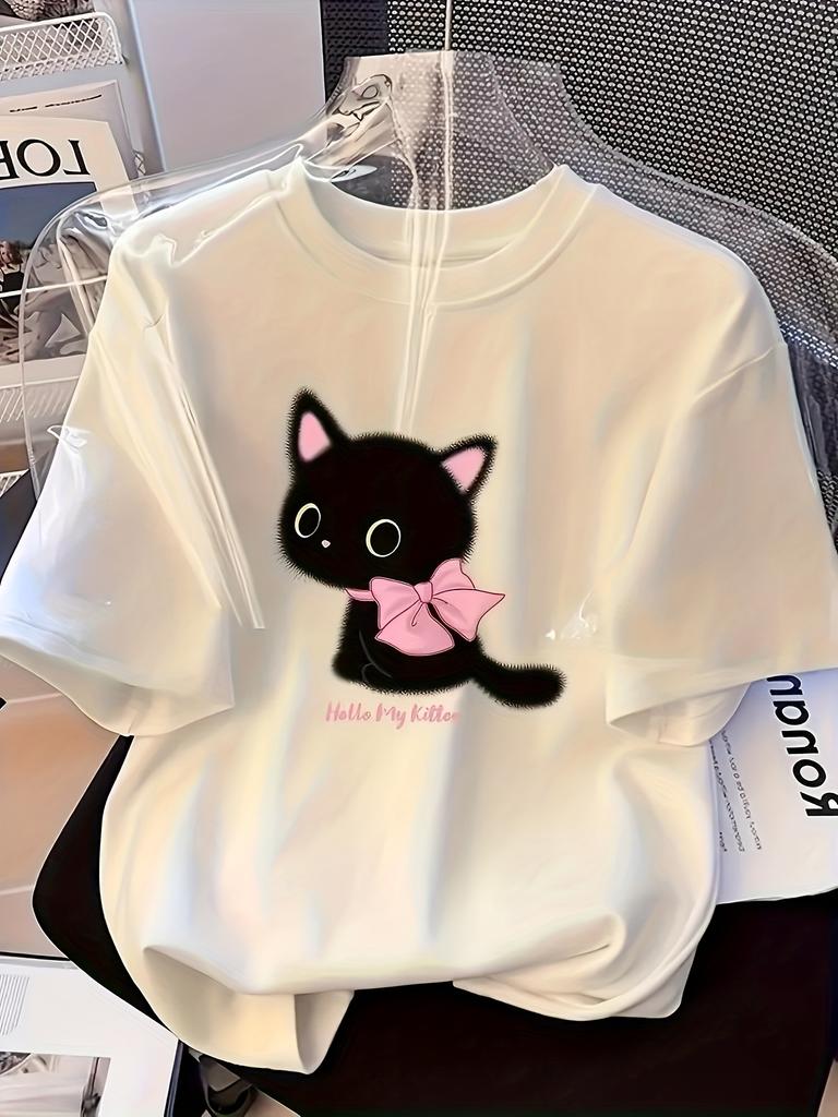 Cute Black Cat with Pink Bow Pattern TShirt Unisexs Summer Casual ShortSleeve Crew Neck TShirt Kawaii Kitten Harajuku Style