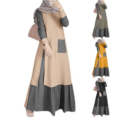 Muslim Women's Dresses Creative Casual Patchwork Long Sleeve Round Neck Hem Dresses