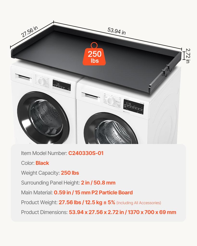 VEVOR Washer Dryer Countertop with 3 Splicing Panels, 54" x 27" Wooden Washer and Dryer Countertop with Non-Slip Pads